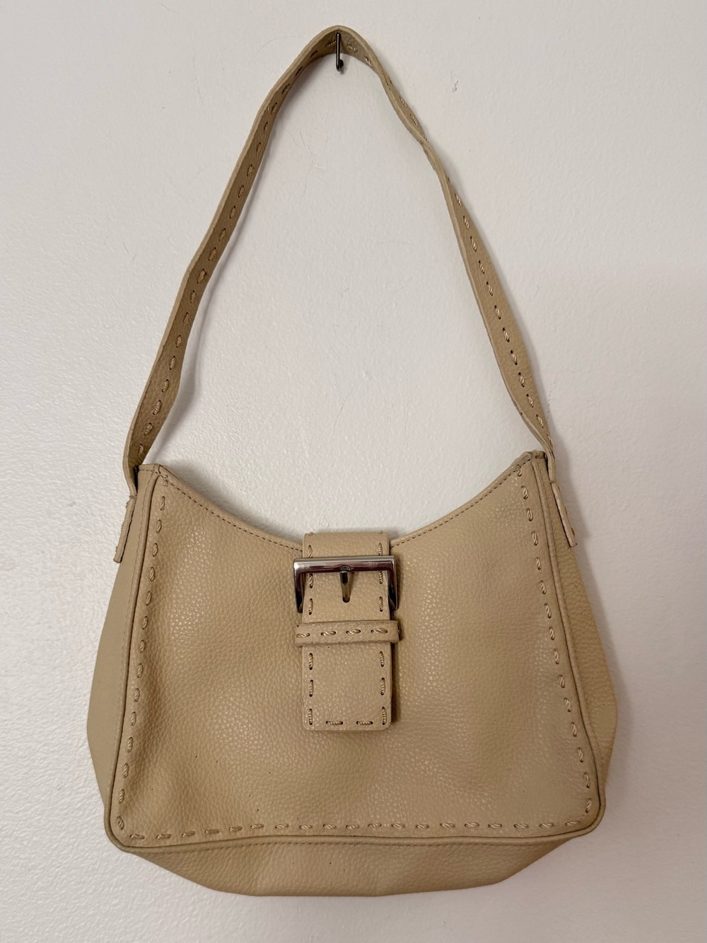 Neutral Tan Pebbled Leather Shoulder Bag with Buckle Accent